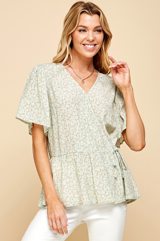 Ditsy Print V-Neck Short Sleeve Wrap Blouse - Sage/Ginger