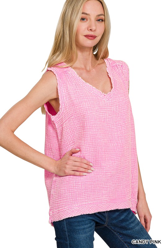 Double Gauze Raw Edge Acid Washed Tank - Candy Pink
