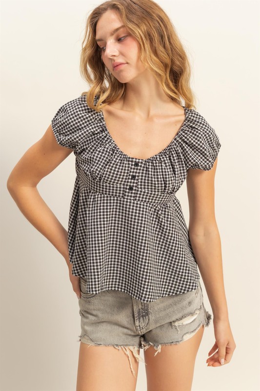 Gingham Scoop Neck Cap Sleeve Blouse - Black