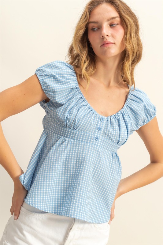 Gingham Scoop Neck Cap Sleeve Blouse - Blue