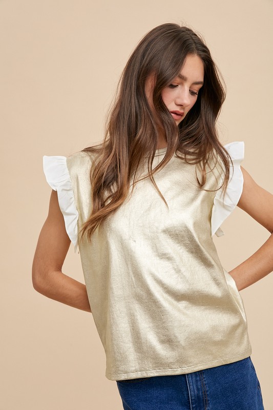 Mix Media Metallic Knit Ruffle Sleeve Top - Ice Gold