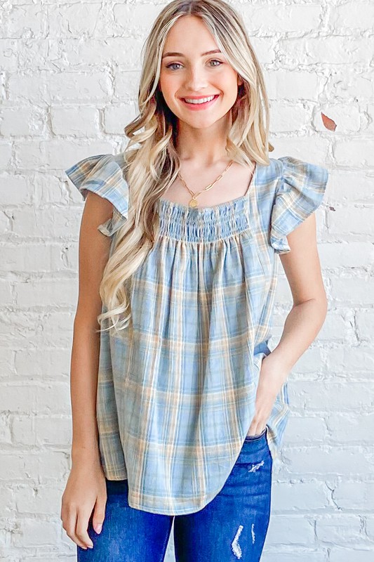 Plaid Print Smocked Detail Ruffle Baby Doll Top - Blue