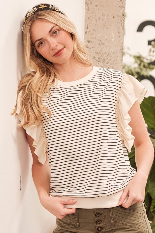 Striped Contrast Ruffle Detail Sleeveless Top - Ivory